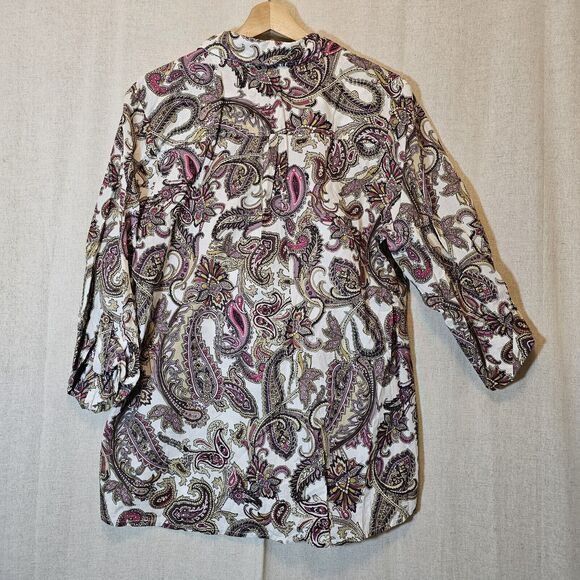 Bandolino Women's Button Up Paisley Pink Purple Tuxedo Bib Lace Detail 3/4 Large - Picture 9 of 10